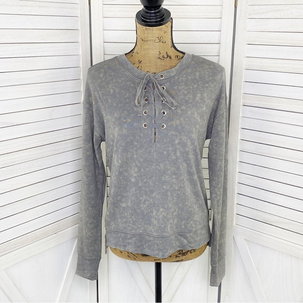 Mudd Marbled Lace Up Neck Knit Shirt Gray Tan Small Long Sleeve